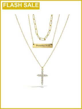 3 Pc Gold Plated Layered Necklace Set CZ Cross Bible Verse Choker